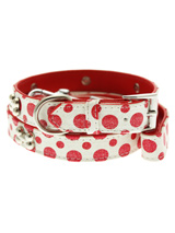 Red / White Polka Dot Glitter Silver Bone Collar & Lead Set - This striking red and white leather collar with stitched edging has a hint of glitter, finished with three chrome bones and will look great for walkies. A very smart addition to the wardrobe of any trendy pooch. Matching leather lead has silver clip with red and white polka dot glitter pattern and f...