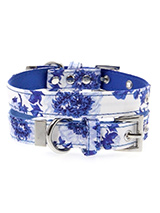 Blue Floral Bouquet Fabric Collar - Our Floral Bouquet pattern collar is a rich contemporary style and the floral pattern is right on trend. It is lightweight and incredibly strong. The collar has been finished with chrome detailing including the eyelets and tip of the collar. A matching lead, harness and bandana are available to purc...