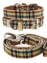 Brown Tartan Collar & Lead Set - Our Brown Checked Tartan Collar and Lead Set is a traditional Scottish Highland design which is stylish, classy and never goes out of fashion. It is lightweight and incredibly strong. The collar has been finished with chrome detailing including the eyelets and tip of the collar. A matching lead, har...