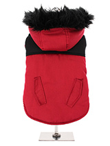 Red on Black Two Tone Parka - This two toned Parka coat is cosy and stylish and bang on trend. It has a faux fur trimmed hood and is fleece lined to keep your dog snug and warm. Perfect for the dog that likes a bit of rough and tumble, a quality, multi-layered piece of clothing that will keep the heat in and the cold out. Our cl...
