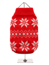 Red Snowflake Knitted Sweater  - A beautiful knitted red sweater with a cute snowflake pattern that is inspired by the landscape weather and culture of Scandinavia. A favourite on the ski slopes, this sweater is a stylish yet practical way to keep your pup warm. 